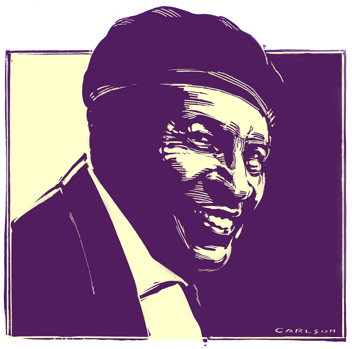 Scratchboard drawing of Charles Brown, mid-20th century West Coast style Blues pianist and singer.