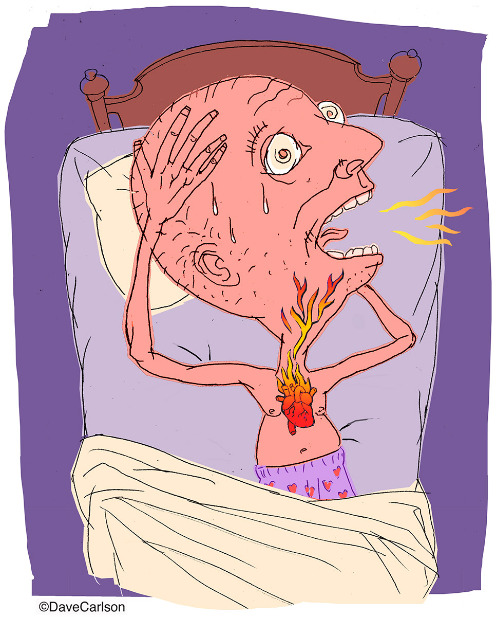 Cartoon of a man lying awake with heartburn and gastric reflux (GERD)