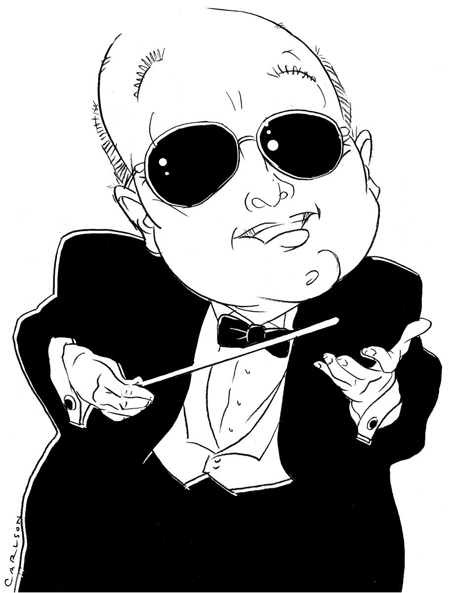 Caricature of orchestral conductor Dr. Jay Gilbert, Music Department chair, Doane University.