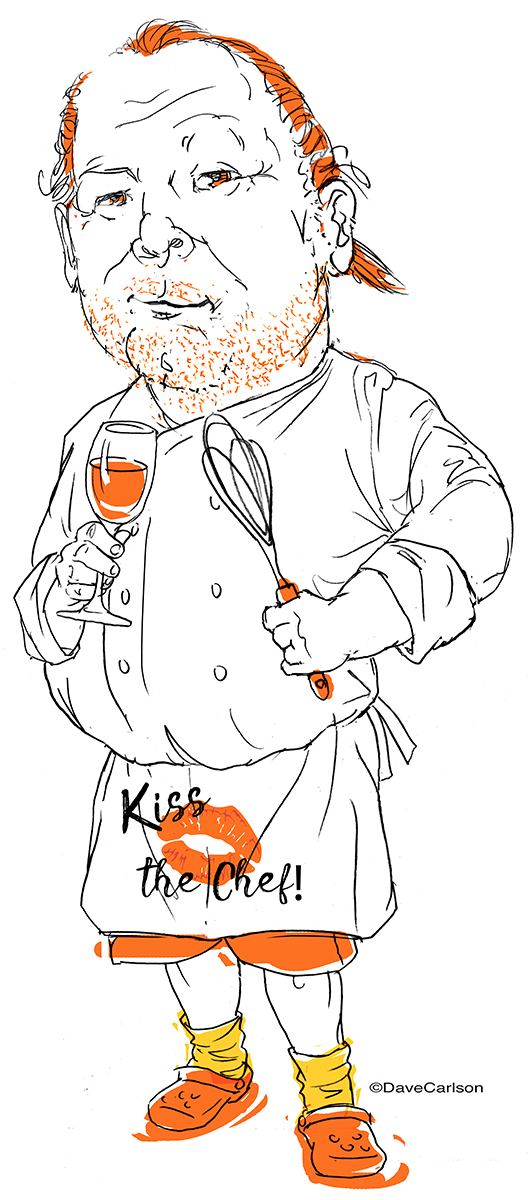 Caricature cartoon of disgraced TV celebrity chef Mario Batali, American chef, writer and restaurateur.