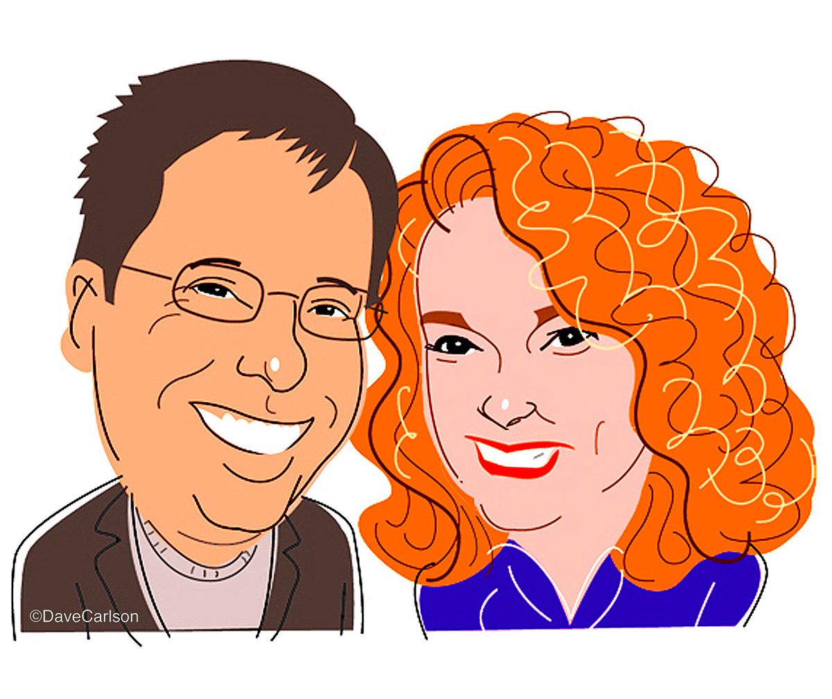 Caricature of authors, editors and columnists&nbsp;Sam Barry and the late great Kathi Kamen Goldmark.