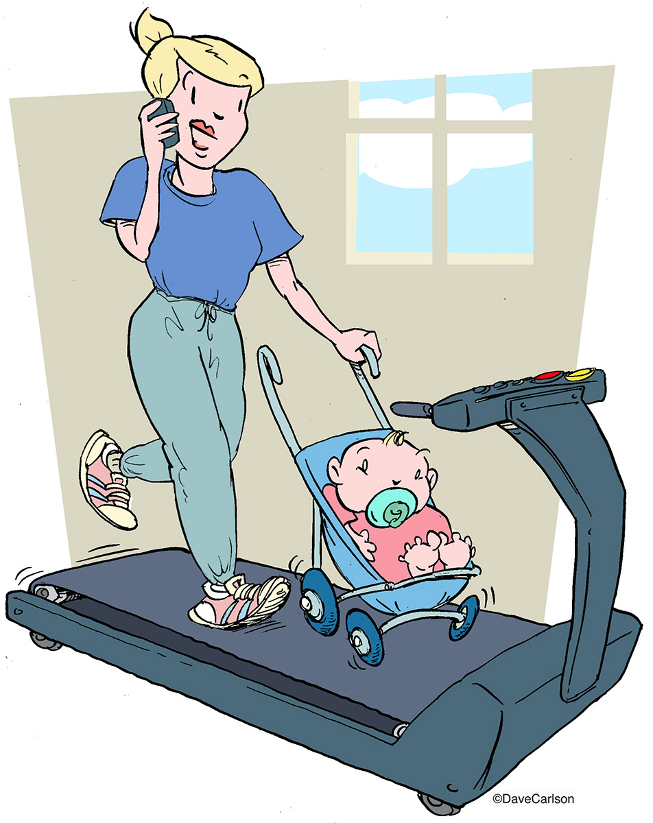 Phone chatting mom on treadmill with stroller