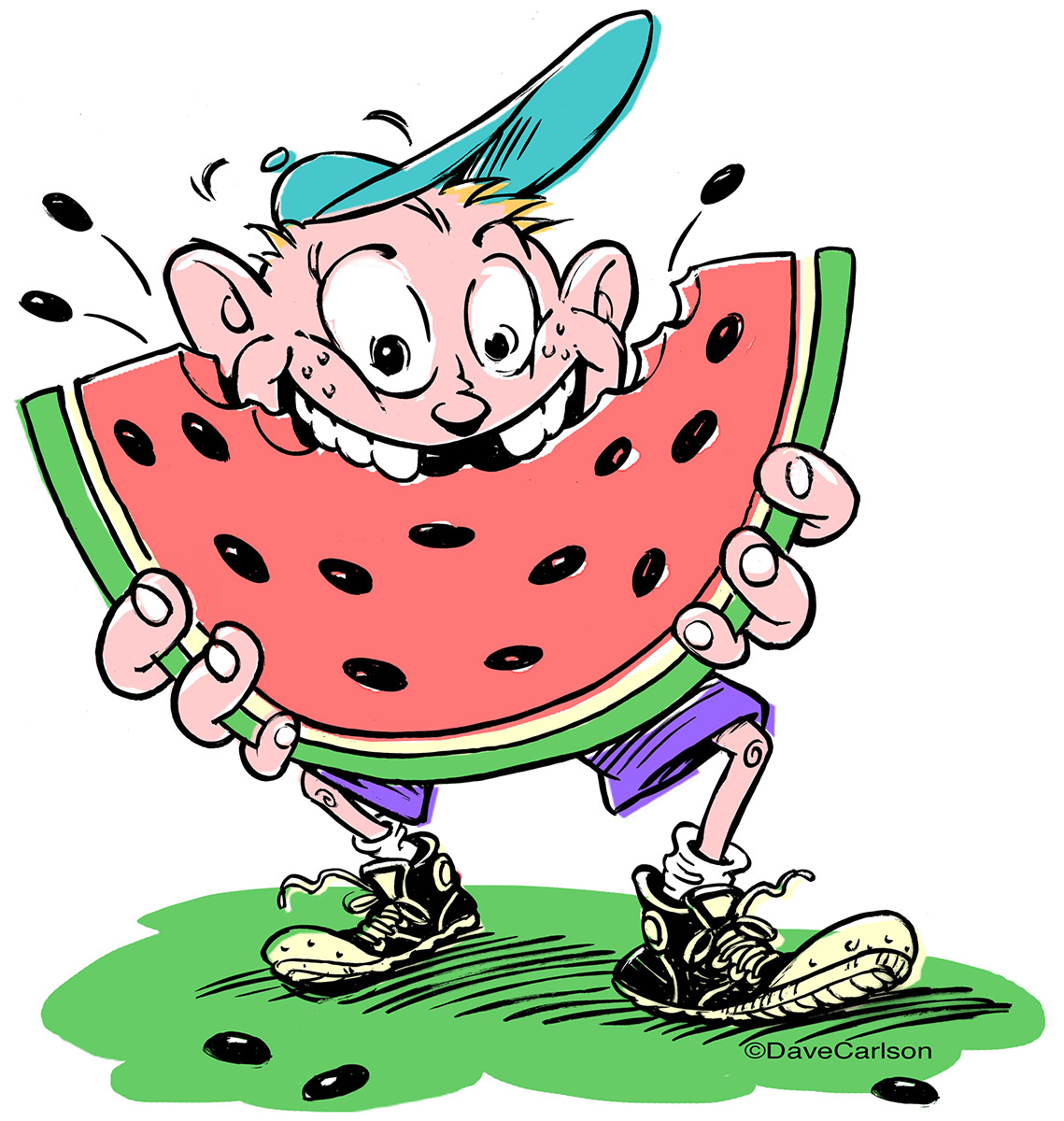 Cartoon of young kid eating watermelon